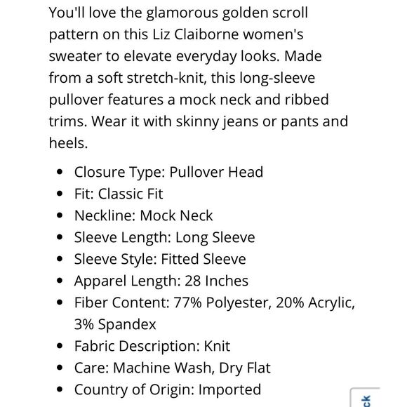 NWT LIZ CLAIBORNE Women’s Plus Sweater 3X Mock Neck Gold Scroll Pullover LS NEW - Picture 8 of 16